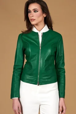 Donna D'Arienzo Clear - Giacca in pelle naturale verde effetto liscio con girocollo