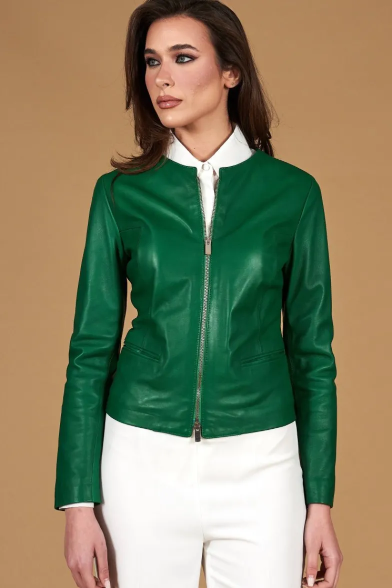 Donna D'Arienzo Clear - Giacca in pelle naturale verde effetto liscio con girocollo