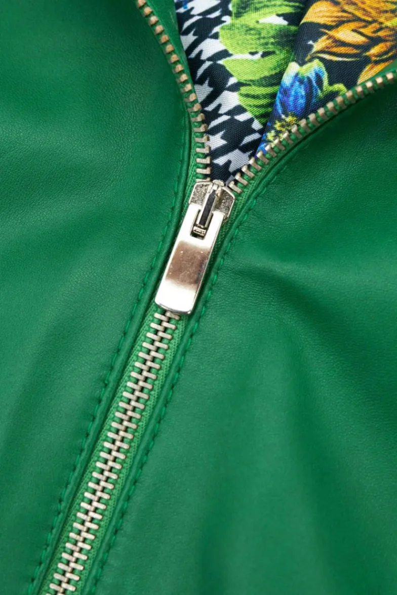 Donna D'Arienzo Clear - Giacca in pelle naturale verde effetto liscio con girocollo
