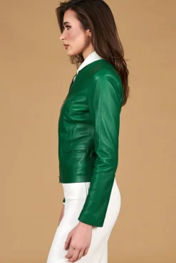 Donna D'Arienzo Clear - Giacca in pelle naturale verde effetto liscio con girocollo