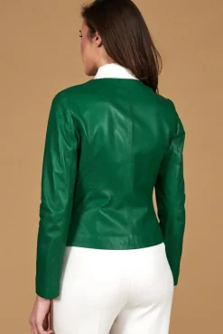 Donna D'Arienzo Clear - Giacca in pelle naturale verde effetto liscio con girocollo