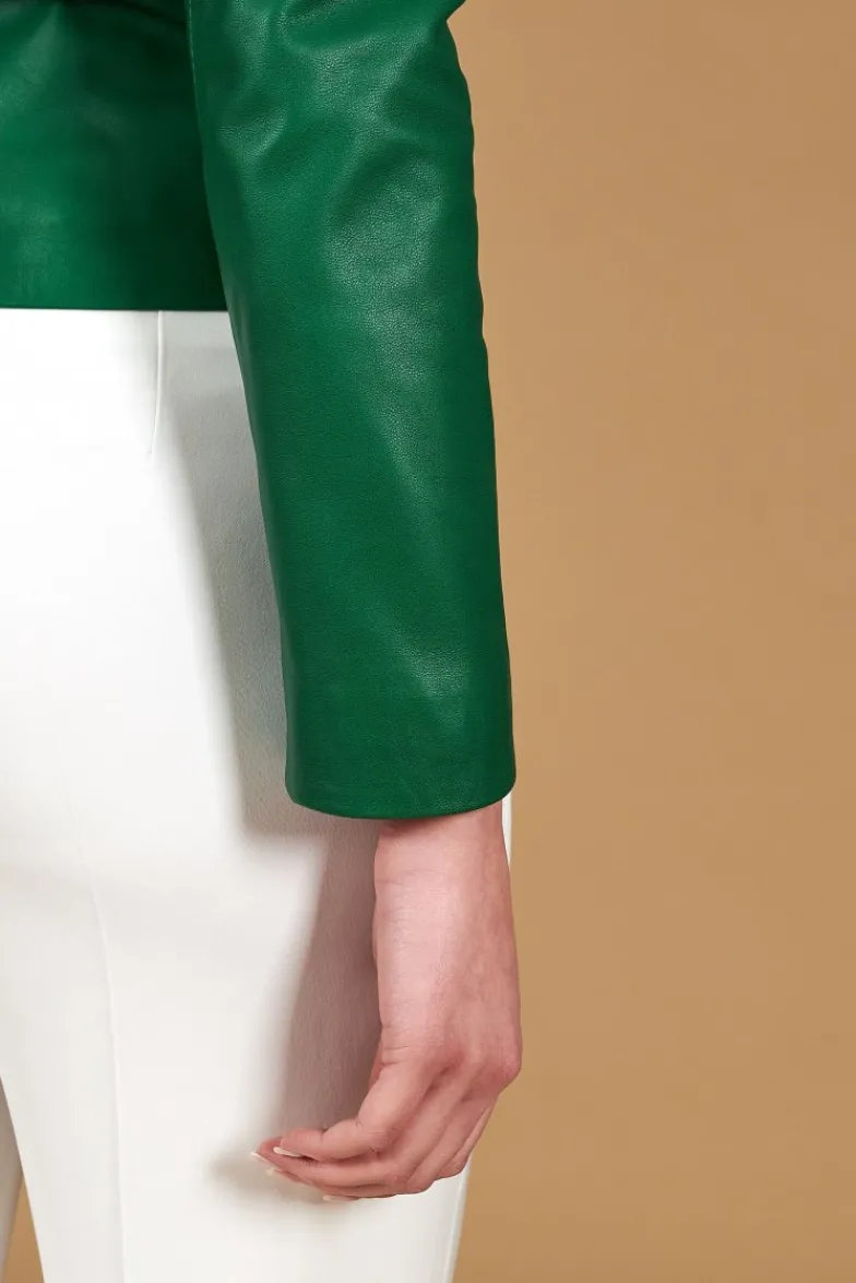 Donna D'Arienzo Clear - Giacca in pelle naturale verde effetto liscio con girocollo