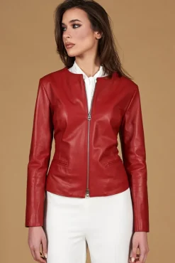 Donna D'Arienzo Clear - Giacca in pelle rossa girocollo nappa effetto liscio