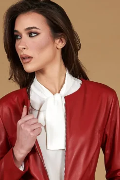 Donna D'Arienzo Clear - Giacca in pelle rossa girocollo nappa effetto liscio