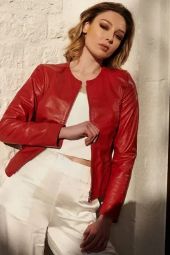Donna D'Arienzo Clear - Giacca in pelle rossa girocollo nappa effetto liscio