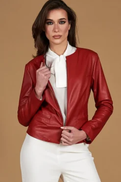 Donna D'Arienzo Clear - Giacca in pelle rossa girocollo nappa effetto liscio