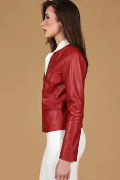 Donna D'Arienzo Clear - Giacca in pelle rossa girocollo nappa effetto liscio