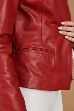 Donna D'Arienzo Clear - Giacca in pelle rossa girocollo nappa effetto liscio
