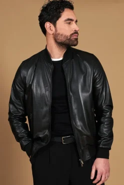 Uomo D'Arienzo College - Bomber in pelle nera nappa effetto liscio