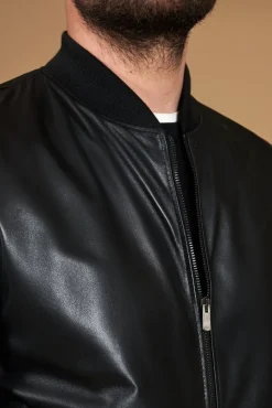 Uomo D'Arienzo College - Bomber in pelle nera nappa effetto liscio