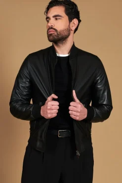 Uomo D'Arienzo College - Bomber in pelle nera nappa effetto liscio