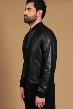 Uomo D'Arienzo College - Bomber in pelle nera nappa effetto liscio