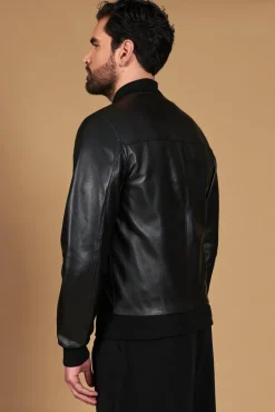 Uomo D'Arienzo College - Bomber in pelle nera nappa effetto liscio