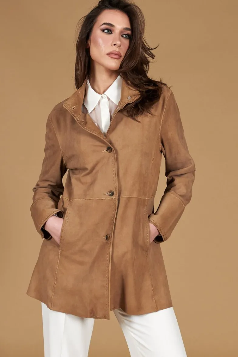 Donna D'Arienzo Cora - Cappottino in pelle camoscio beige sfoderato