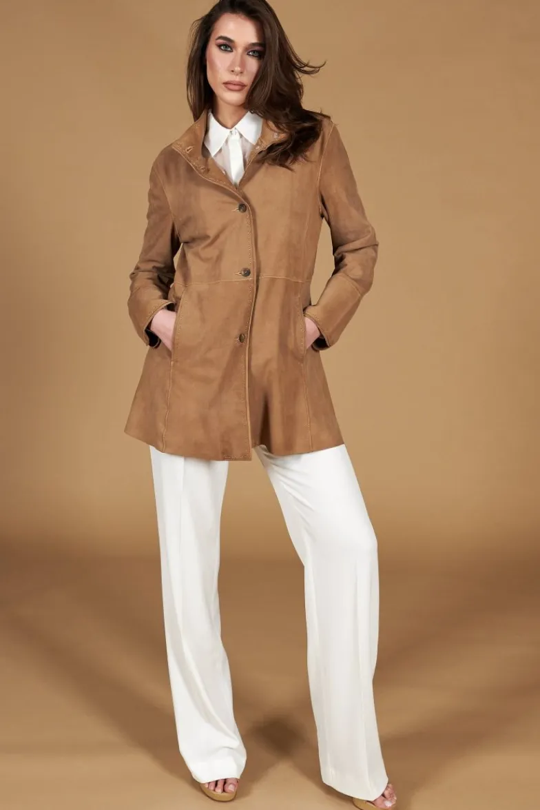 Donna D'Arienzo Cora - Cappottino in pelle camoscio beige sfoderato