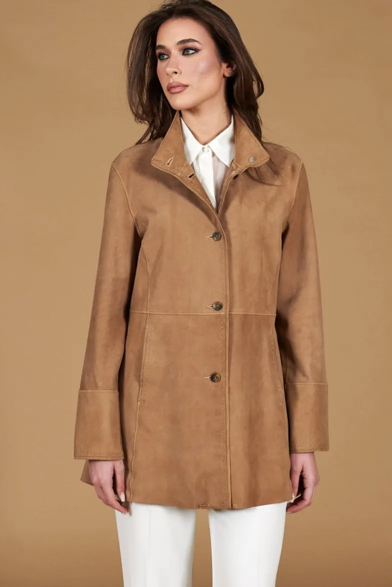 Donna D'Arienzo Cora - Cappottino in pelle camoscio beige sfoderato