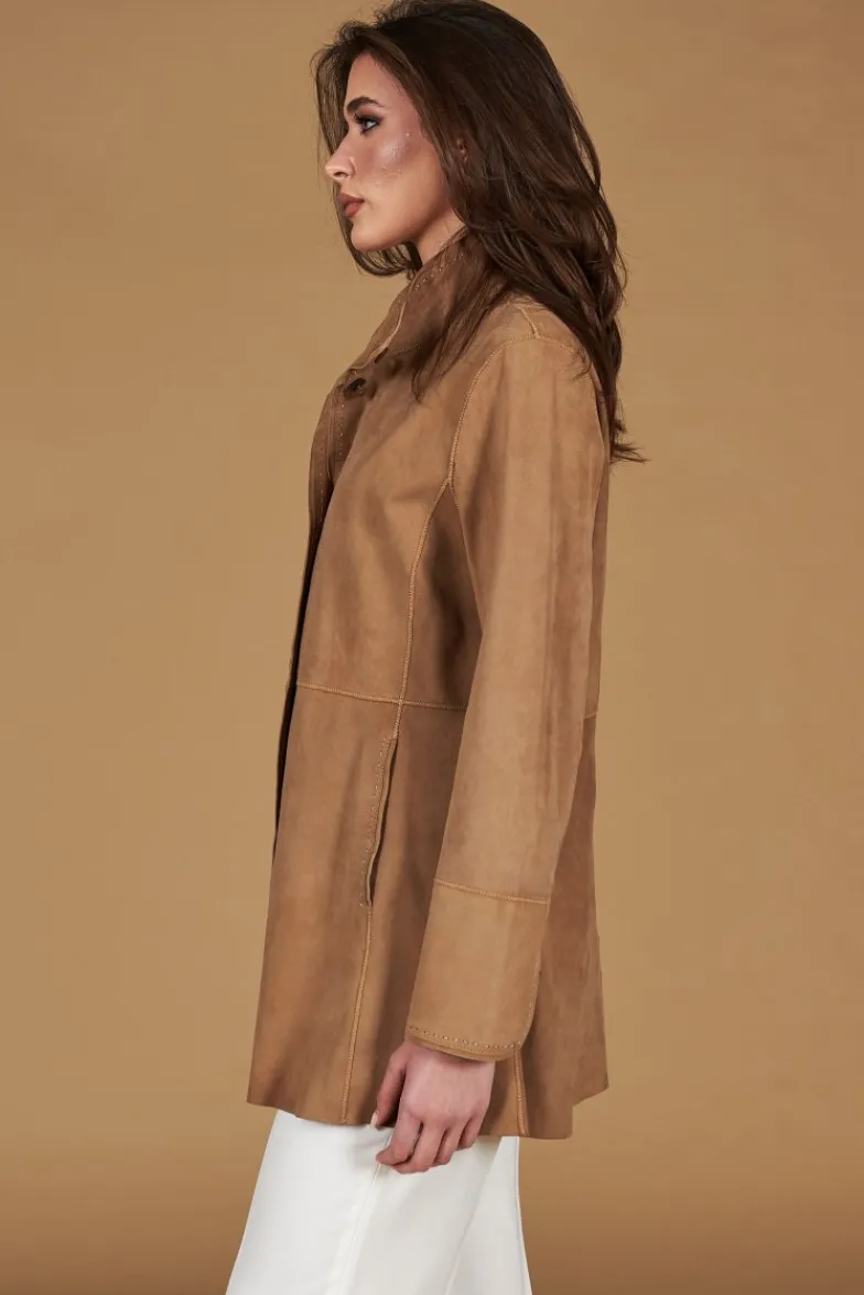 Donna D'Arienzo Cora - Cappottino in pelle camoscio beige sfoderato