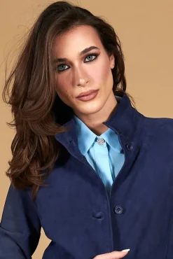 Donna D'Arienzo Cora - Cappottino in pelle camoscio blu sfoderato