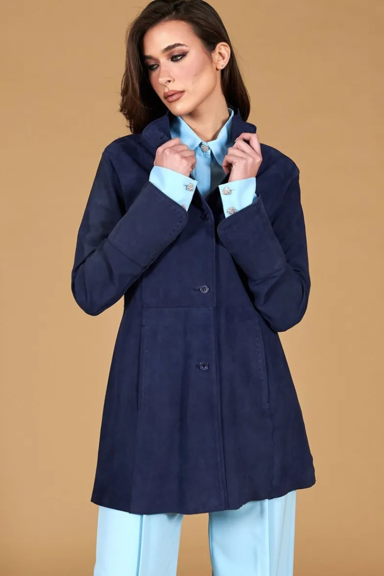 Donna D'Arienzo Cora - Cappottino in pelle camoscio blu sfoderato