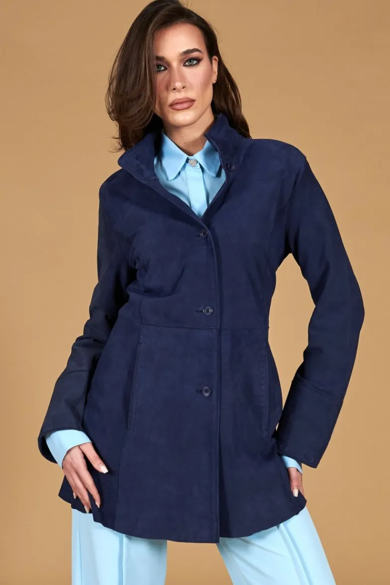 Donna D'Arienzo Cora - Cappottino in pelle camoscio blu sfoderato
