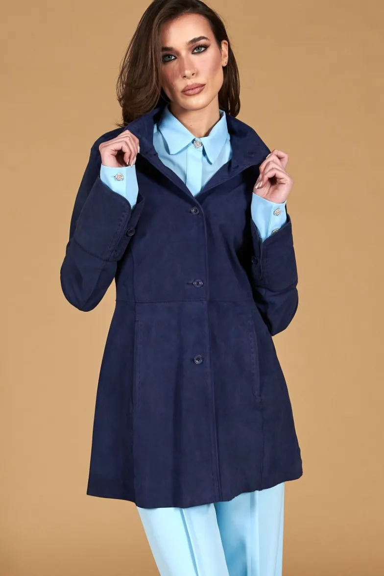 Donna D'Arienzo Cora - Cappottino in pelle camoscio blu sfoderato
