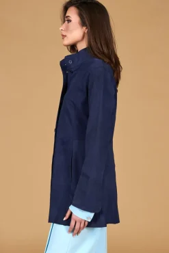 Donna D'Arienzo Cora - Cappottino in pelle camoscio blu sfoderato