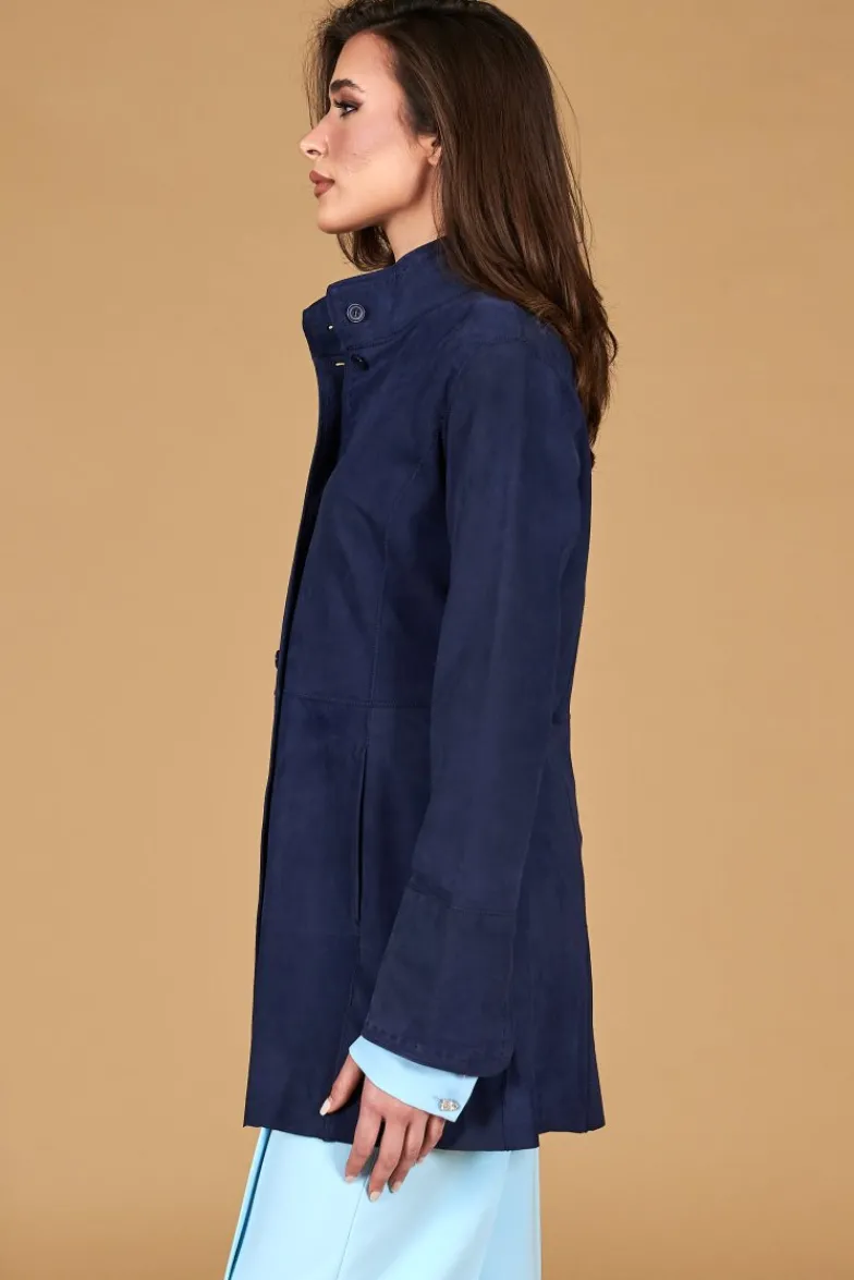 Donna D'Arienzo Cora - Cappottino in pelle camoscio blu sfoderato