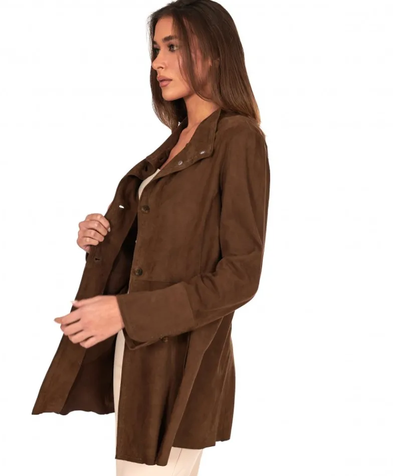 Donna D'Arienzo Cora - Cappottino in pelle camoscio fango sfoderato