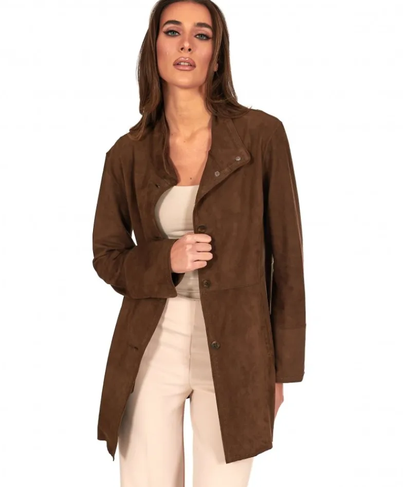 Donna D'Arienzo Cora - Cappottino in pelle camoscio fango sfoderato