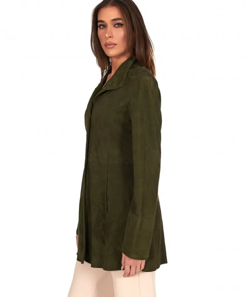 Donna D'Arienzo Cora - Cappottino in pelle camoscio oliva sfoderato