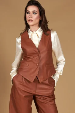 Donna D'Arienzo Dana - Gilet in pelle color cuoio nappa effetto liscio