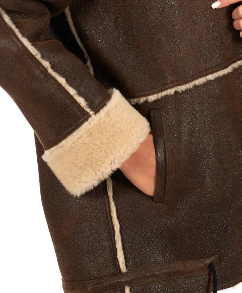 Donna D'Arienzo Daria - Cappotto montone shearling marrone con bottoni effetto vintage