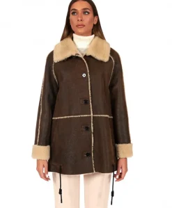 Donna D'Arienzo Daria - Cappotto montone shearling marrone con bottoni effetto vintage