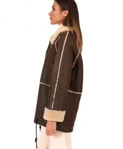 Donna D'Arienzo Daria - Cappotto montone shearling marrone con bottoni effetto vintage
