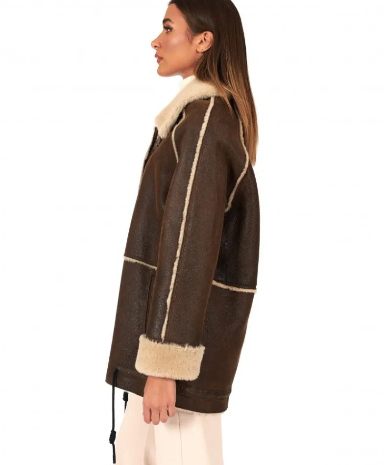 Donna D'Arienzo Daria - Cappotto montone shearling marrone con bottoni effetto vintage