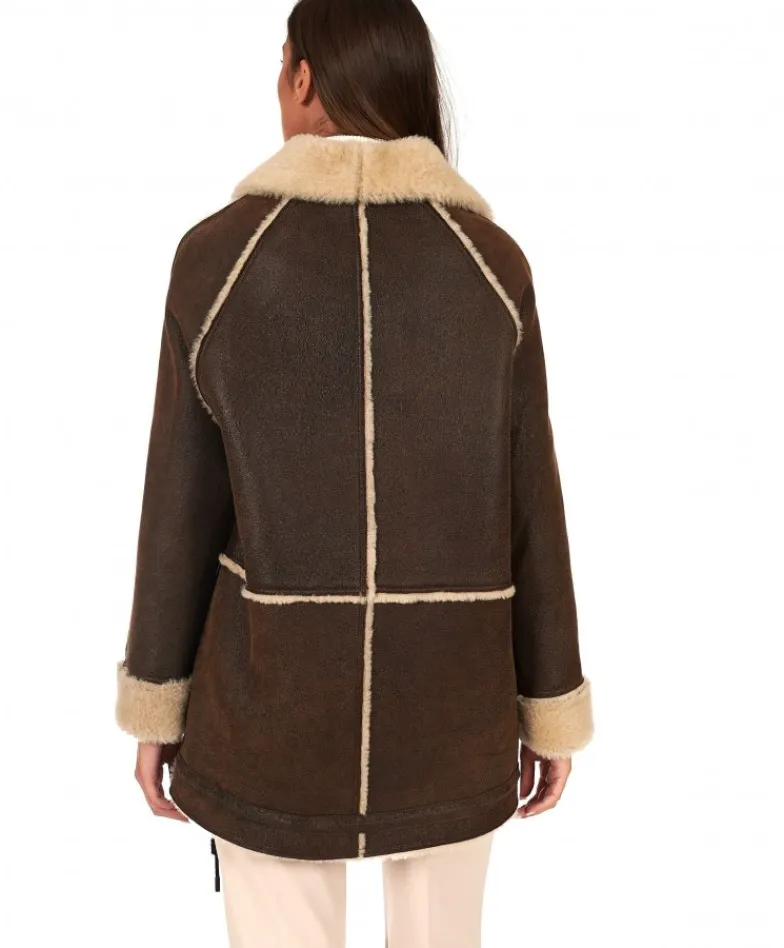 Donna D'Arienzo Daria - Cappotto montone shearling marrone con bottoni effetto vintage