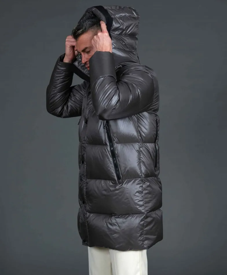 Uomo D'Arienzo Dave - Giaccone lungo in vera piuma colore grigio da ripiegare a zaino