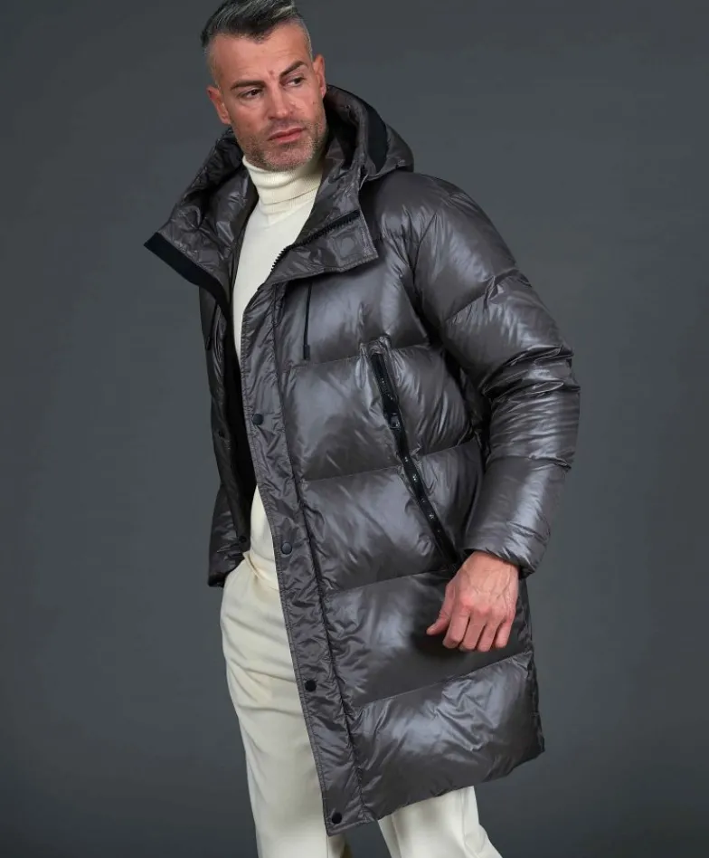 Uomo D'Arienzo Dave - Giaccone lungo in vera piuma colore grigio da ripiegare a zaino