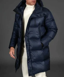 Uomo D'Arienzo Dave - Giaccone lungo in vera piuma colore blu da ripiegare a zaino