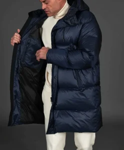 Uomo D'Arienzo Dave - Giaccone lungo in vera piuma colore blu da ripiegare a zaino