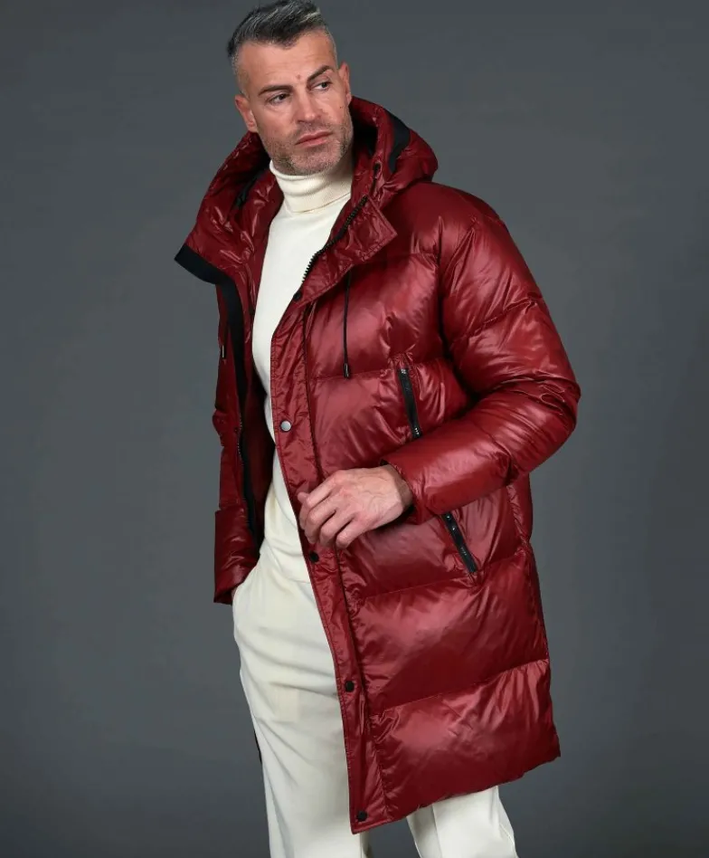 Uomo D'Arienzo Dave - Giaccone lungo in vera piuma colore bordeaux da ripiegare a zaino