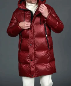 Uomo D'Arienzo Dave - Giaccone lungo in vera piuma colore bordeaux da ripiegare a zaino