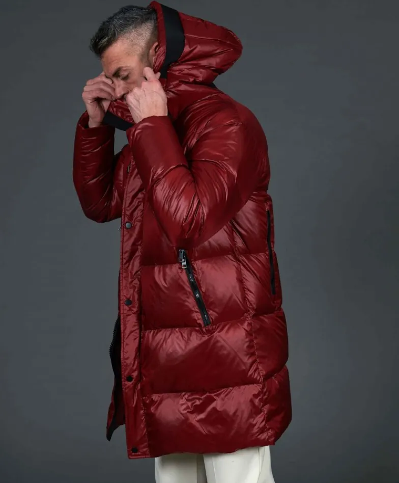 Uomo D'Arienzo Dave - Giaccone lungo in vera piuma colore bordeaux da ripiegare a zaino