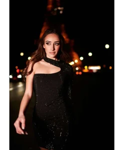 Donna D'Arienzo Diamond - Vestito monospalla a tubino nero con veri cristalli