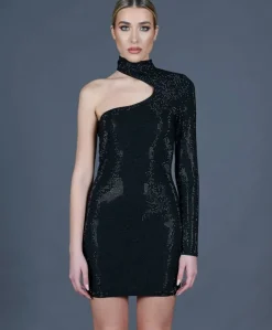 Donna D'Arienzo Diamond - Vestito monospalla a tubino nero con veri cristalli