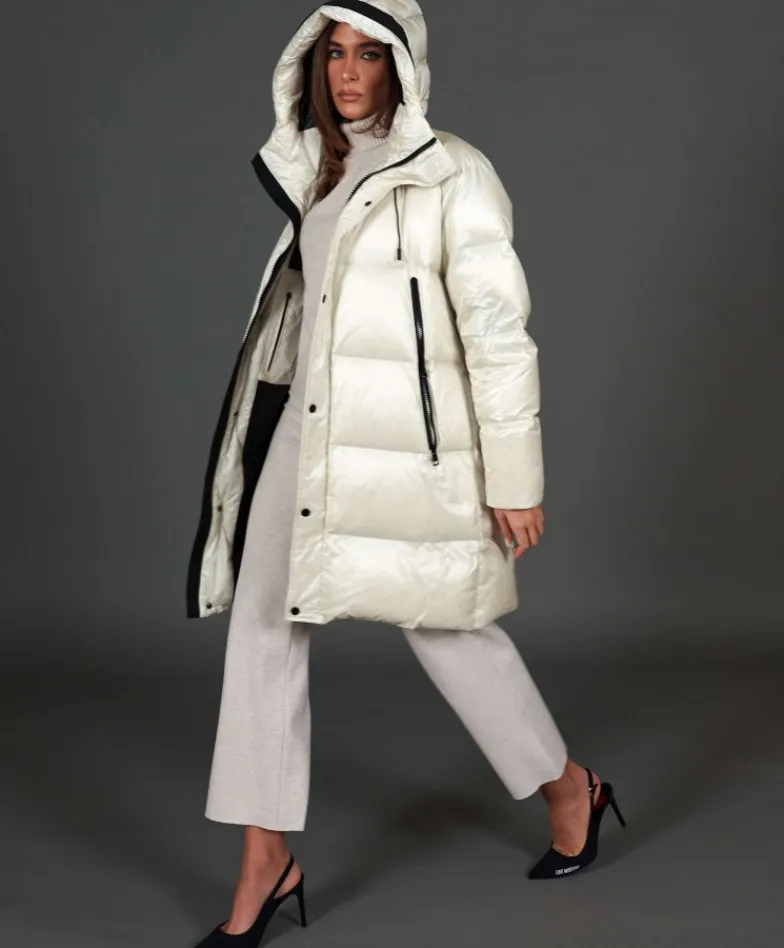 Donna D'Arienzo Dora - Giaccone lungo in vera piuma colore beige da ripiegare a zaino