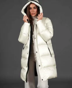 Donna D'Arienzo Dora - Giaccone lungo in vera piuma colore beige da ripiegare a zaino