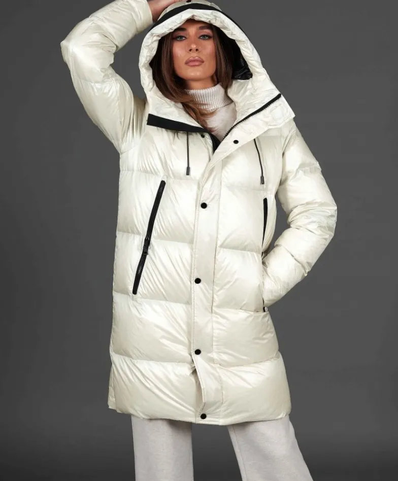 Donna D'Arienzo Dora - Giaccone lungo in vera piuma colore beige da ripiegare a zaino
