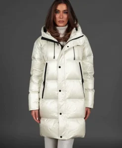 Donna D'Arienzo Dora - Giaccone lungo in vera piuma colore beige da ripiegare a zaino