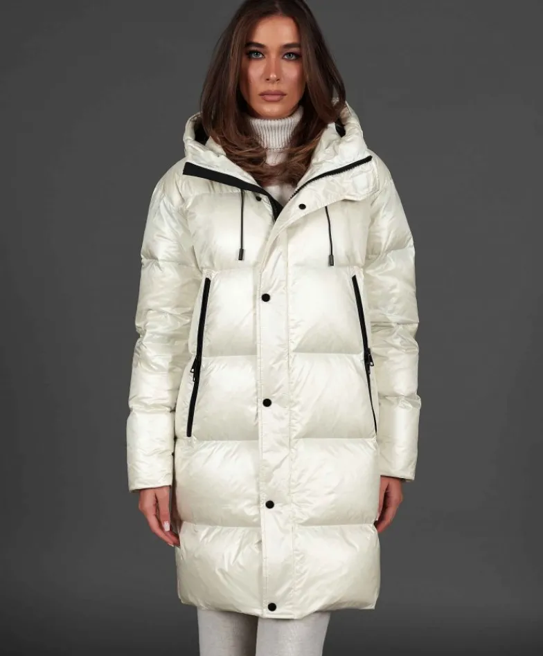 Donna D'Arienzo Dora - Giaccone lungo in vera piuma colore beige da ripiegare a zaino